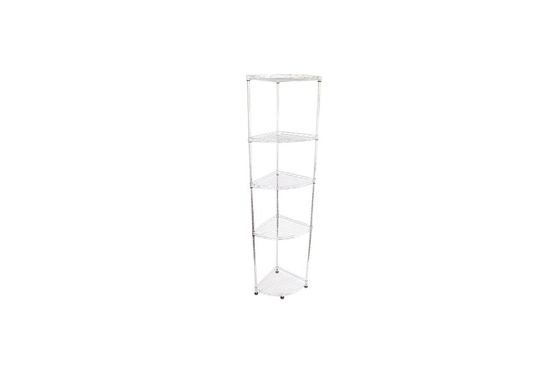 Estante esquinero 5 niveles cromado 30x30x150 cm Hoggan, vista frontal completa del mueble armado sobre fondo blanco