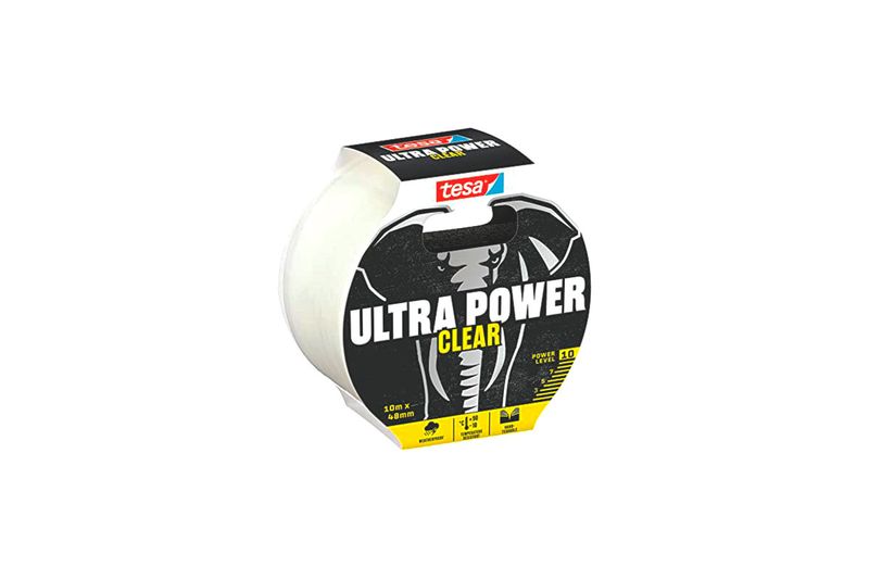 Cinta adhesiva reparadora invisible 10 m x 48 mm Ultra Power Tesa, rollo con empaque frontal ilustrado con un elefante