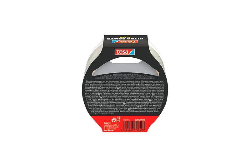 Cinta adhesiva reparadora invisible 10 m x 48 mm Ultra Power Tesa, vista trasera del empaque con especificaciones técnicas