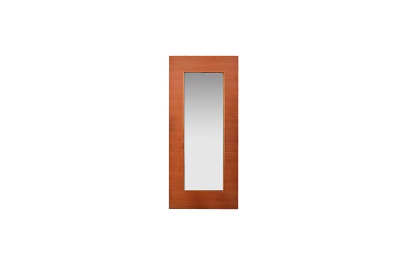 Puerta Verona de 90 cms x 210 cms Puertas Globales, vista frontal de madera color café con panel de vidrio central