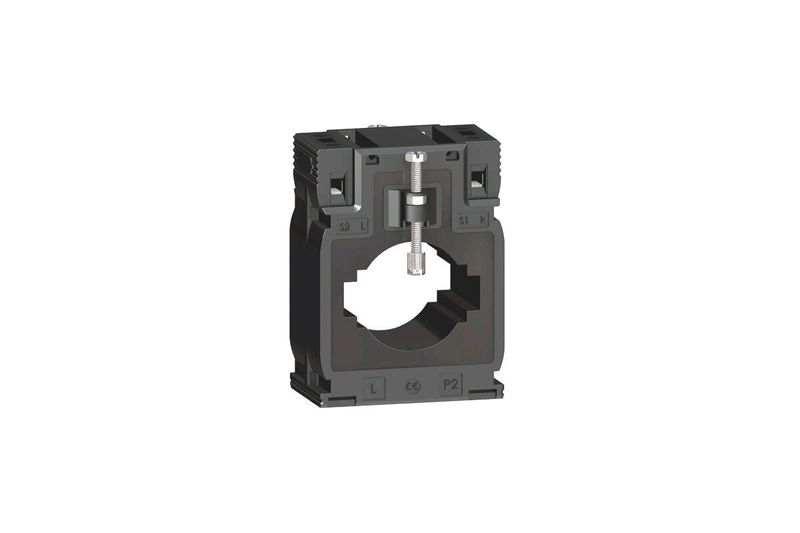 Transformador de corriente 800/5 Square D, dispositivo negro con orificio central y tornillo de ajuste superior