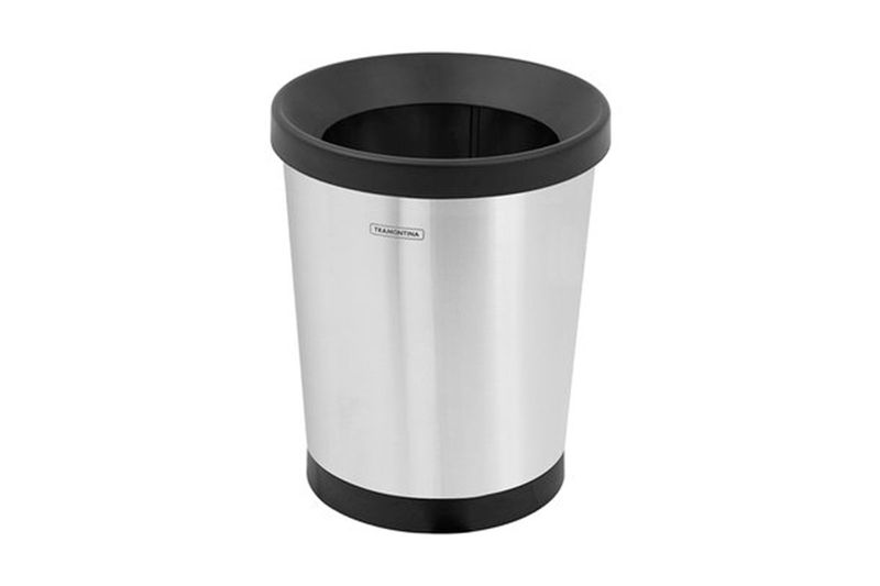 Basurero redondo 12 l acero inox. Tramontina, vista frontal del cuerpo metálico con borde y base de plástico negro