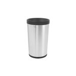 Basurero redondo 50 L acero inox. Tramontina, vista frontal con borde superior y base de plástico negro