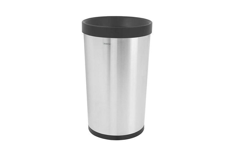 Basurero redondo 50 L acero inox. Tramontina, vista frontal con borde superior y base de plástico negro