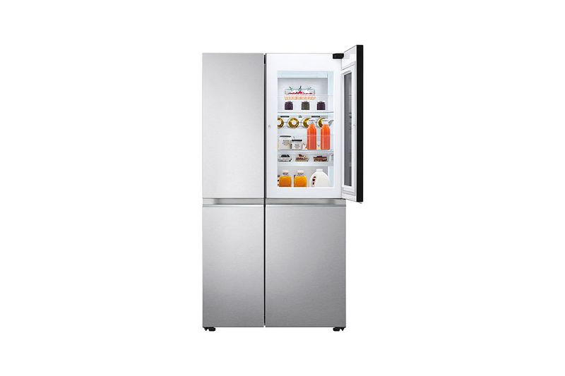 Refrigerador Inverter InstaView sin dispensador SBS 655 L silver LG, vista frontal con puerta superior derecha abierta