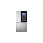 Refrigerador inverter Instaview sin dispensador SBS 655 L silver LG, vista frontal con panel de vidrio negro y acero
