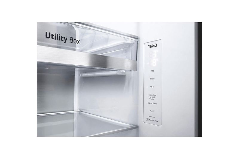 Refrigerador inverter Instaview sin dispensador SBS 655 L silver LG, detalle del panel de control digital y Utility Box