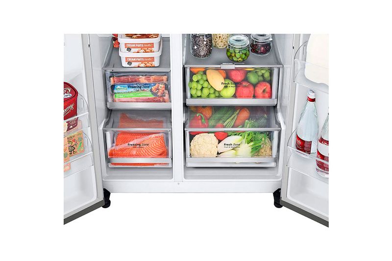 Refrigerador Inverter InstaView sin dispensador negro SBS 655 L silver LG, vista interior de cajones con alimentos