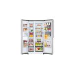 Refrigerador inverter InstaView sin dispensador p/negra SBS 655 L silver LG, vista frontal abierto con alimentos internos