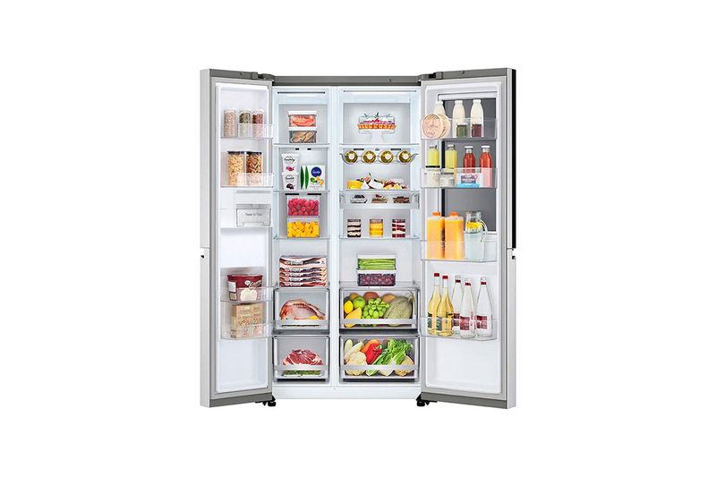Refrigerador inverter InstaView sin dispensador p/negra SBS 655 L silver LG, vista frontal abierto con alimentos internos