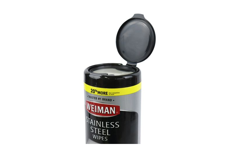 Toallas de alta resistencia para limpiar y dar brillo a acero inoxidable 30 pack Weiman, envase cilíndrico con tapa abierta