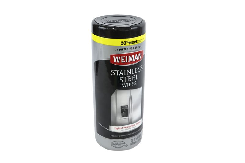 Toallas de alta resistencia para limpiar y dar brillo a acero inox. 30 pack Weiman, envase cilíndrico con etiqueta negra