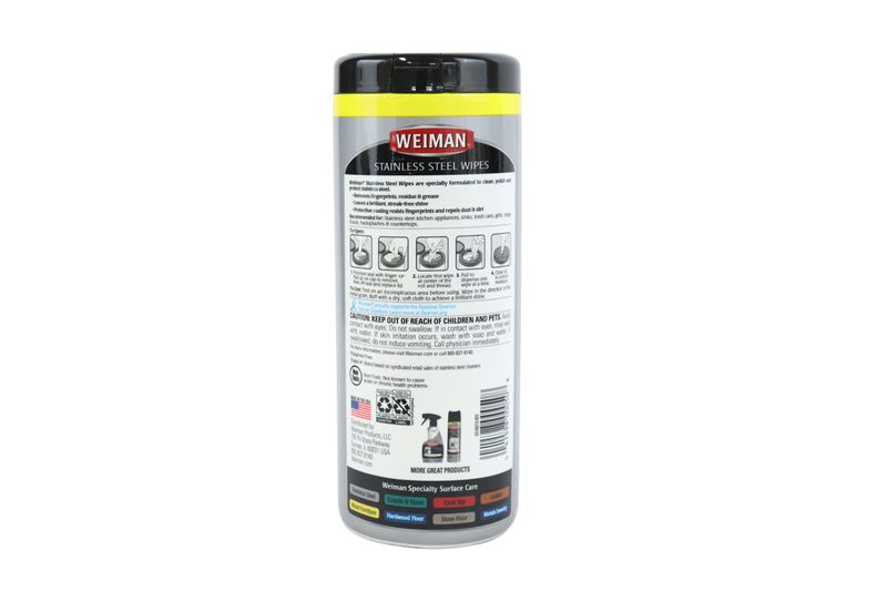 Toallas de alta resistencia para limpiar y dar brillo a acero inox. 30 pack Weiman, vista posterior del envase cilíndrico