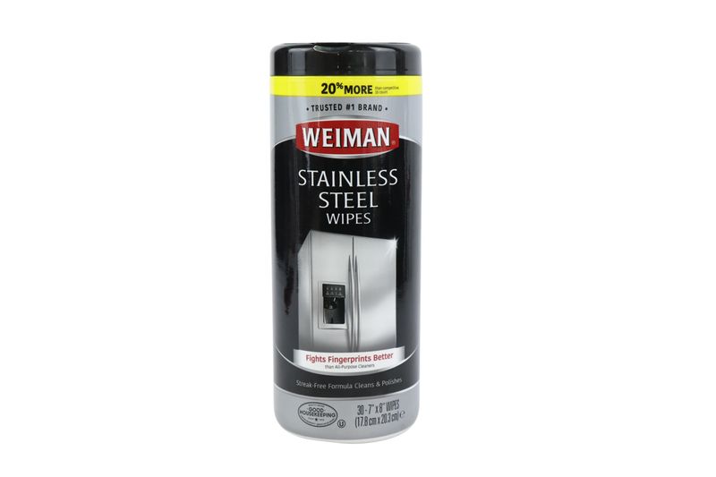Toallas de alta resistencia para limpiar y dar brillo a acero inox. 30 pack Weiman, envase cilíndrico negro y etiqueta