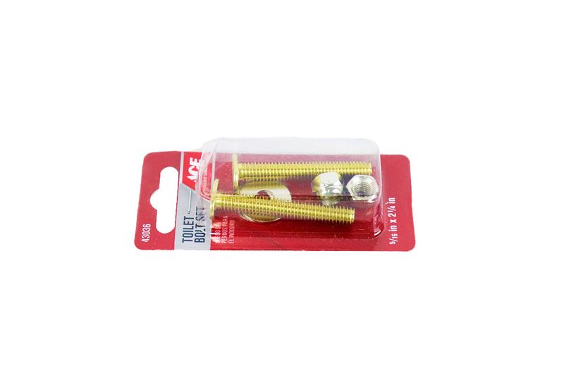 Tornillos para flange inodoro 2 piezas Ace, empaque blister rojo con tornillos dorados y tuercas plateadas
