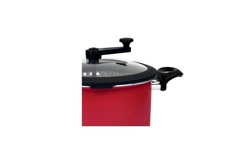 Olla 3 en 1 palomera/spaguetera roja Tramontina, primer plano de la tapa de vidrio con mango y perilla negras