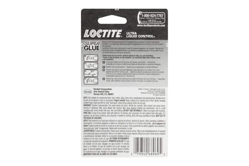 Pegamento Super Glue Ultra Líquida Loctite, reverso del empaque con instrucciones de uso y advertencias en español