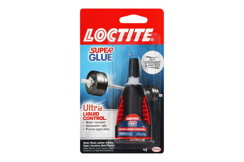Pegamento Super Glue Ultra líquida Loctite, envase en empaque blíster con aplicador de precisión y etiqueta roja