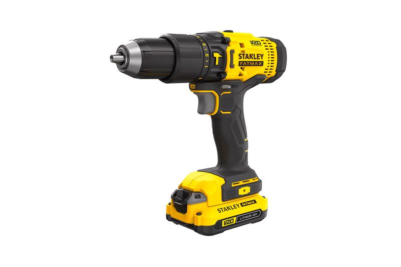Taladro inalámbrico 1/2 pulgada V20 Stanley, vista lateral del equipo en color amarillo y negro