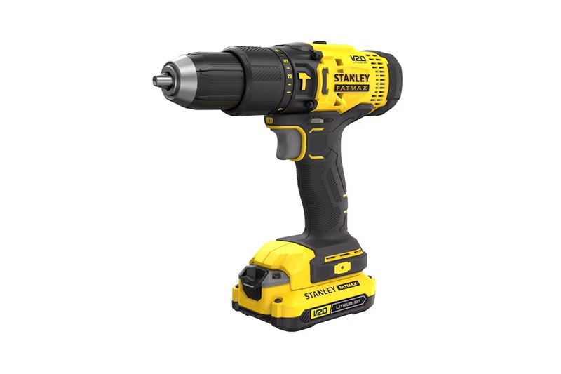 Taladro inalámbrico 1/2 pulgada V20 Stanley, vista lateral completa del equipo en colores amarillo y negro