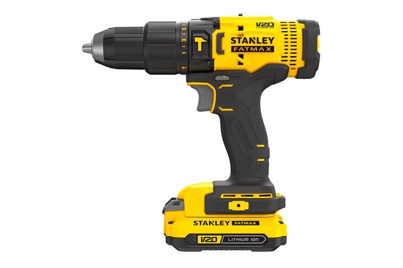 Taladro inalámbrico 1/2 pulgada V20 Stanley, vista lateral completa con batería instalada en color amarillo y negro
