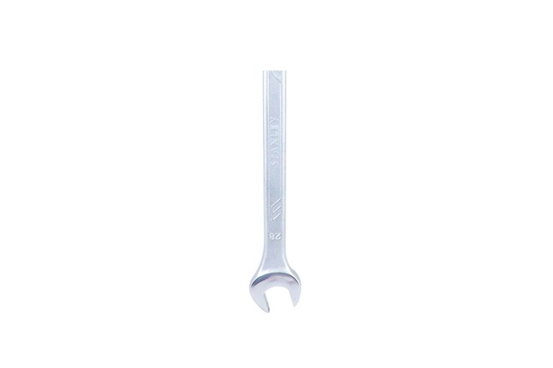 Llave combinada 12 puntos Stanley de 28 mm, vista frontal enfocada en el extremo de la boca abierta