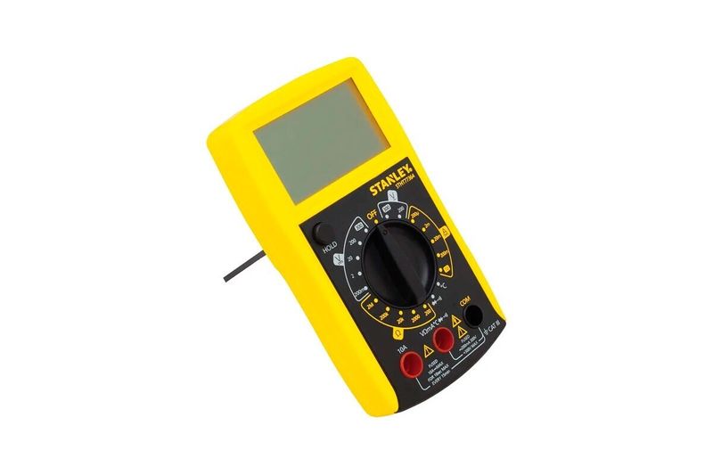 Multímetro LCD CAT III 200/600V Stanley, vista frontal del dispositivo en color amarillo con dial y pantalla LCD