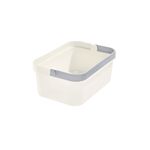 Organizador de almacenamiento con agarre plástico Interdesign, caja color hueso con mango gris en vista diagonal