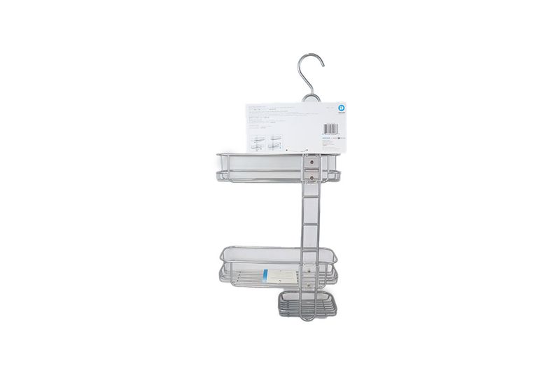 Organizador de ducha ajustable caddy 3 niveles Interdesign, vista frontal con empaque blanco y gancho metálico