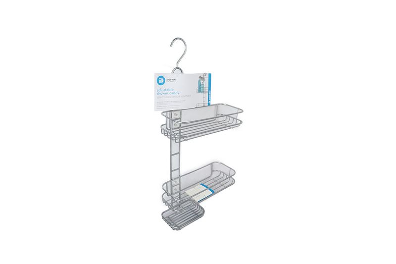 Organizador de ducha ajustable caddy 3 niveles Interdesign, vista frontal con etiqueta blanca y gancho superior