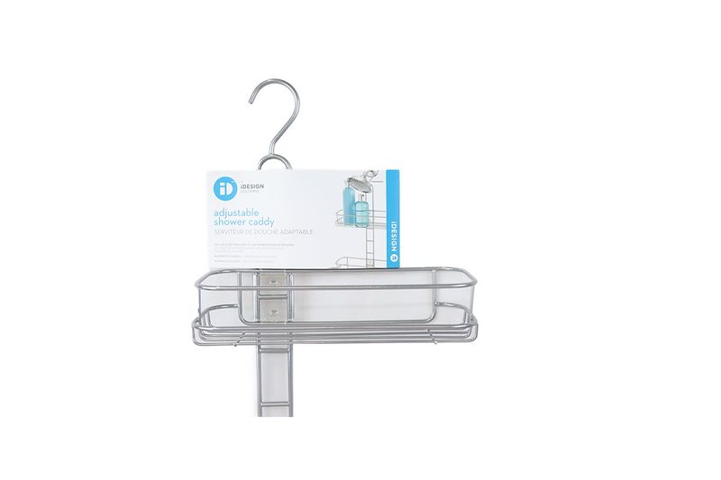 Organizador de ducha ajustable caddy 3 niveles Interdesign, primer estante metálico con empaque informativo blanco