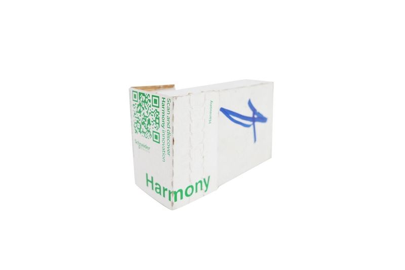 Pulsador negro 1NA 22 mm plástico XB5 Schneider Electric, caja de empaque blanca con logotipo Harmony y código QR