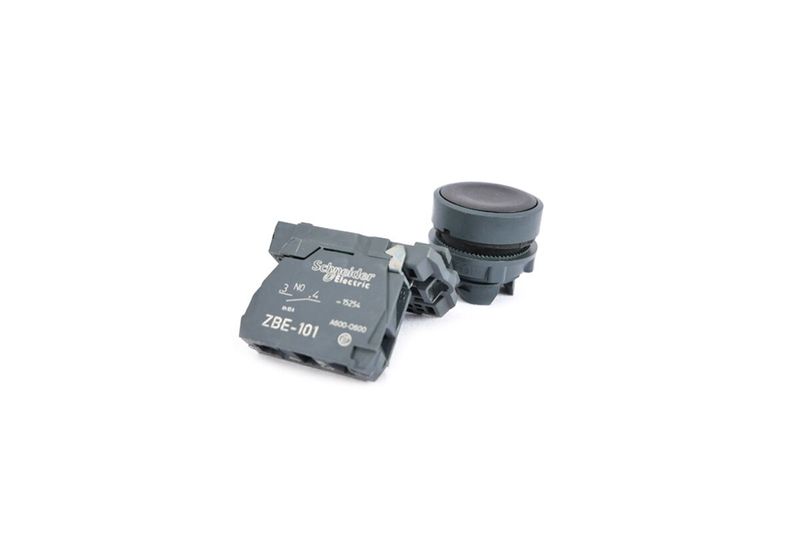 Pulsador negro 1NA 22 mm plástico XB5 Schneider Electric, despiezado mostrando el bloque de contacto y el botón