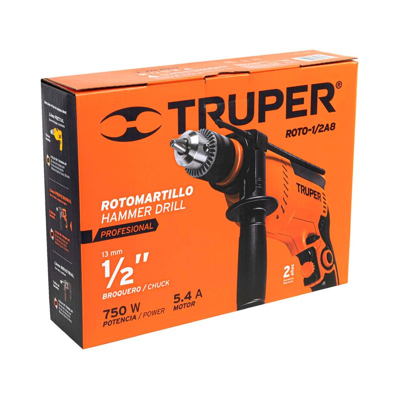 Taladro percutor eléctrico profesional Truper de 1/2 pulgada, 750 W y 110 V, en su caja naranja con ilustración del equipo