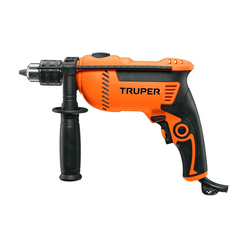 Taladro percutor eléctrico profesional Truper de 1/2 pulgada, 750 W y 110 V, vista lateral en color naranja y negro