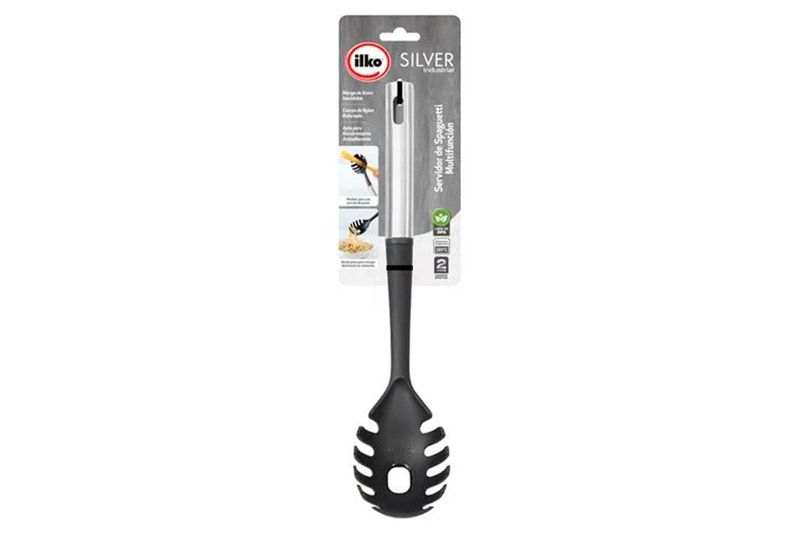 Cuchara para spaguetti Silver Industrial Ilko, vista frontal completa del utensilio negro en su empaque blanco y gris