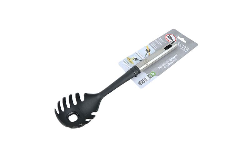 Cuchara para spaguetti Silver industrial Ilko, vista lateral completa del producto con su empaque blanco y gris
