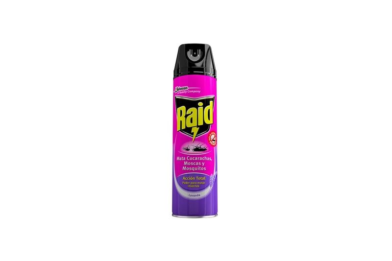 Insecticida aerosol Acción Total cucarachas moscas mosquitos 400 ml Raid, envase cilíndrico color púrpura de lavanda