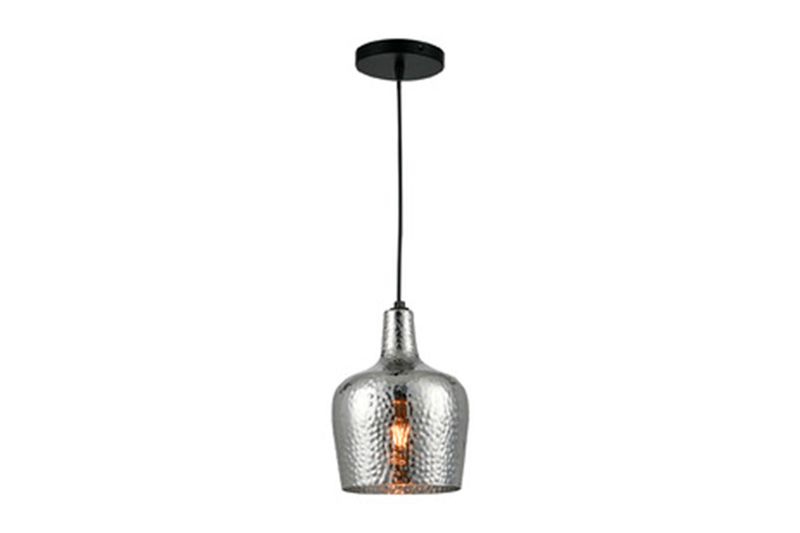 Luminaria colgante Cresida I plata 1L E27 8.5W Tecnolite, vista frontal con pantalla de vidrio martillado y cable negro
