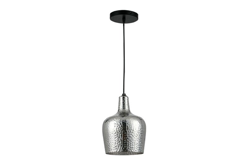 Luminaria colgante Cresida I plata 1L E27 8.5W Tecnolite, vista frontal del cuerpo de vidrio martillado y cable negro