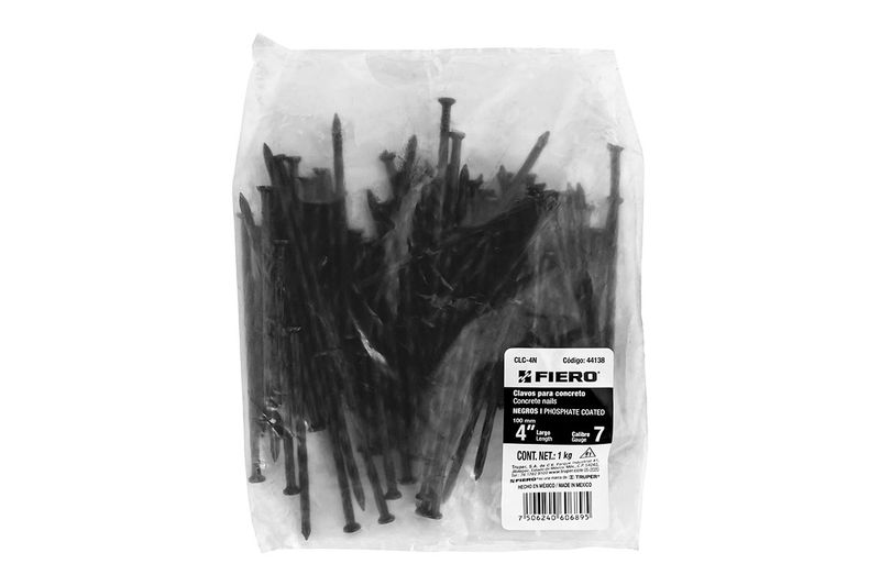 Clavo negro para concreto de 4 pulgadas, bolsa de 1 kg con 74 unidades Fiero, empaque plástico transparente con etiqueta