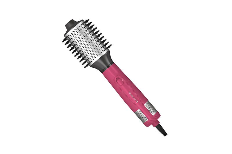 Cepillo emisor de aire 110 volt fucsia Remington, vista lateral completa del equipo con cerdas negras y mango fucsia