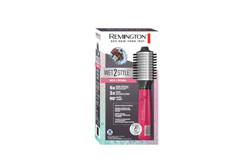 Cepillo emisor de aire 110 volt fucsia Remington, en su empaque blanco con ilustración del uso del producto