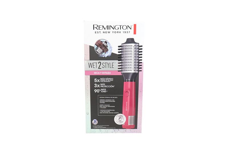 Cepillo emisor de aire 110 volt fucsia Remington, empaque frontal con ilustración del producto y especificaciones técnicas