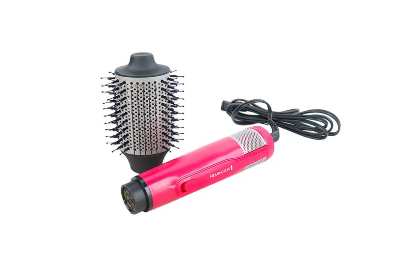 Cepillo emisor de aire 110 volt fucsia Remington, vista lateral del mango y el cabezal cilíndrico con cerdas negras