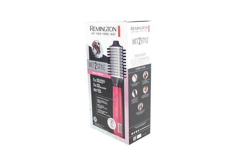 Cepillo emisor de aire 110 volt fucsia Remington, caja lateral con instrucciones de uso y pasos ilustrados