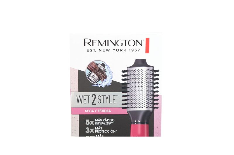 Cepillo emisor de aire 110 volt fucsia Remington, empaque frontal con ilustración del equipo y beneficios del producto