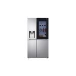 Refrigerador Inverter InstaView con dispensador negra SBS 679 L silver LG, vista frontal con puerta de vidrio iluminada