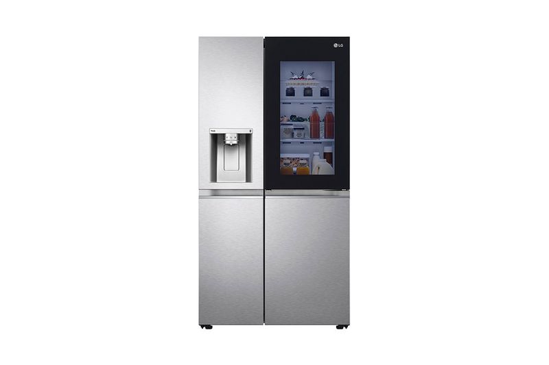 Refrigerador Inverter InstaView con dispensador negra SBS 679 L silver LG, vista frontal con puerta de vidrio iluminada