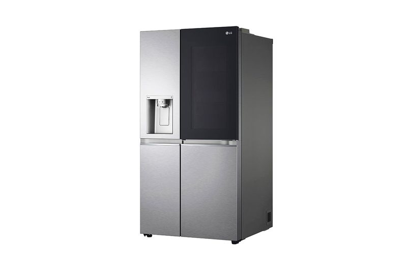 Refrigerador Inverter InstaView con dispensador negra SBS 679 L silver LG, vista lateral en ángulo que muestra profundidad